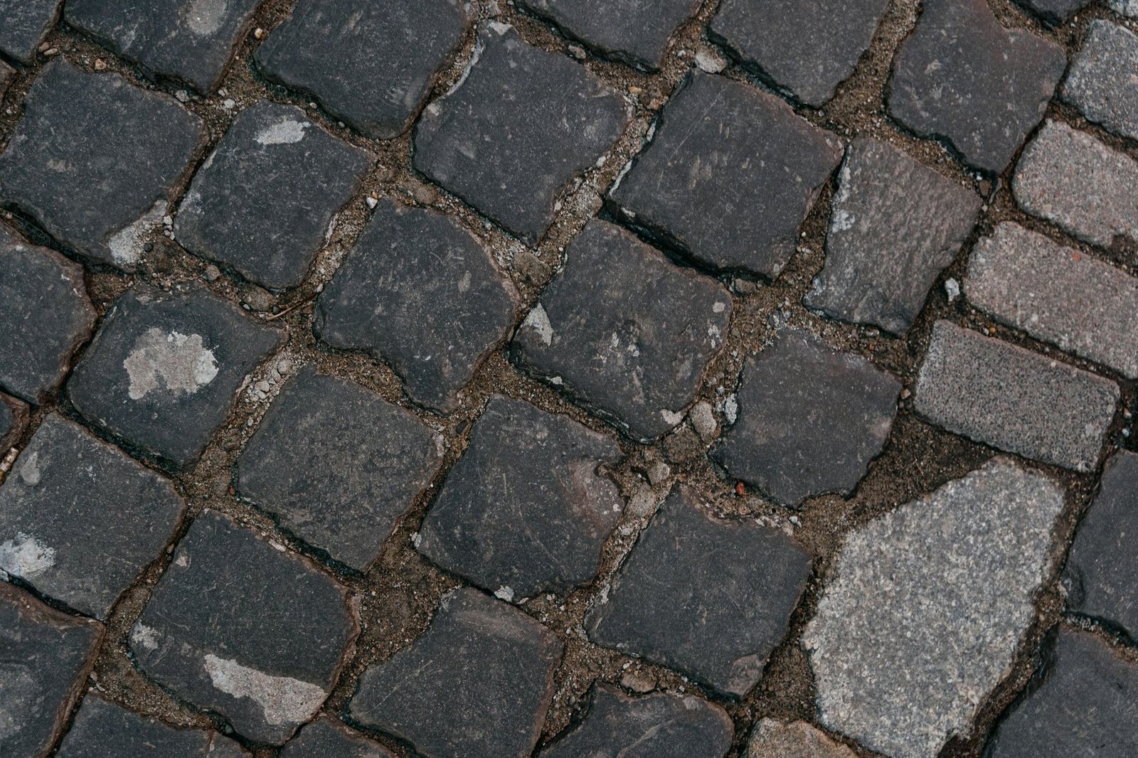 Close-up of dark granite cobblestones with worn, rough tops and gritty joints between them