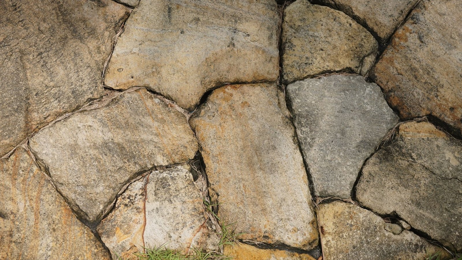 Close-up of irregular tan and gray flagstones fitted together with joints of varying width