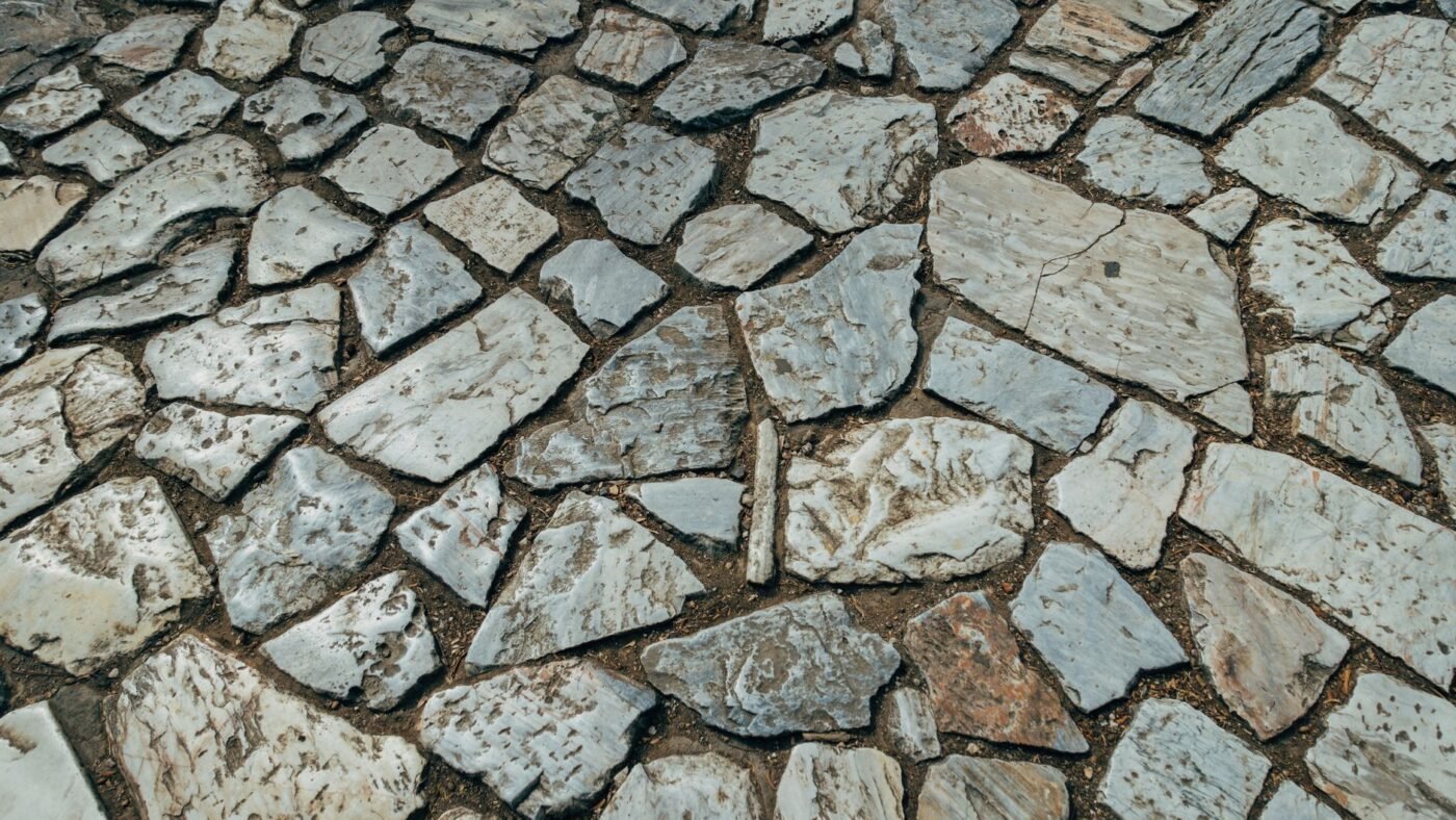 Irregular gray flagstones fitted together like a puzzle with narrow soil-filled joints in an outdoor path