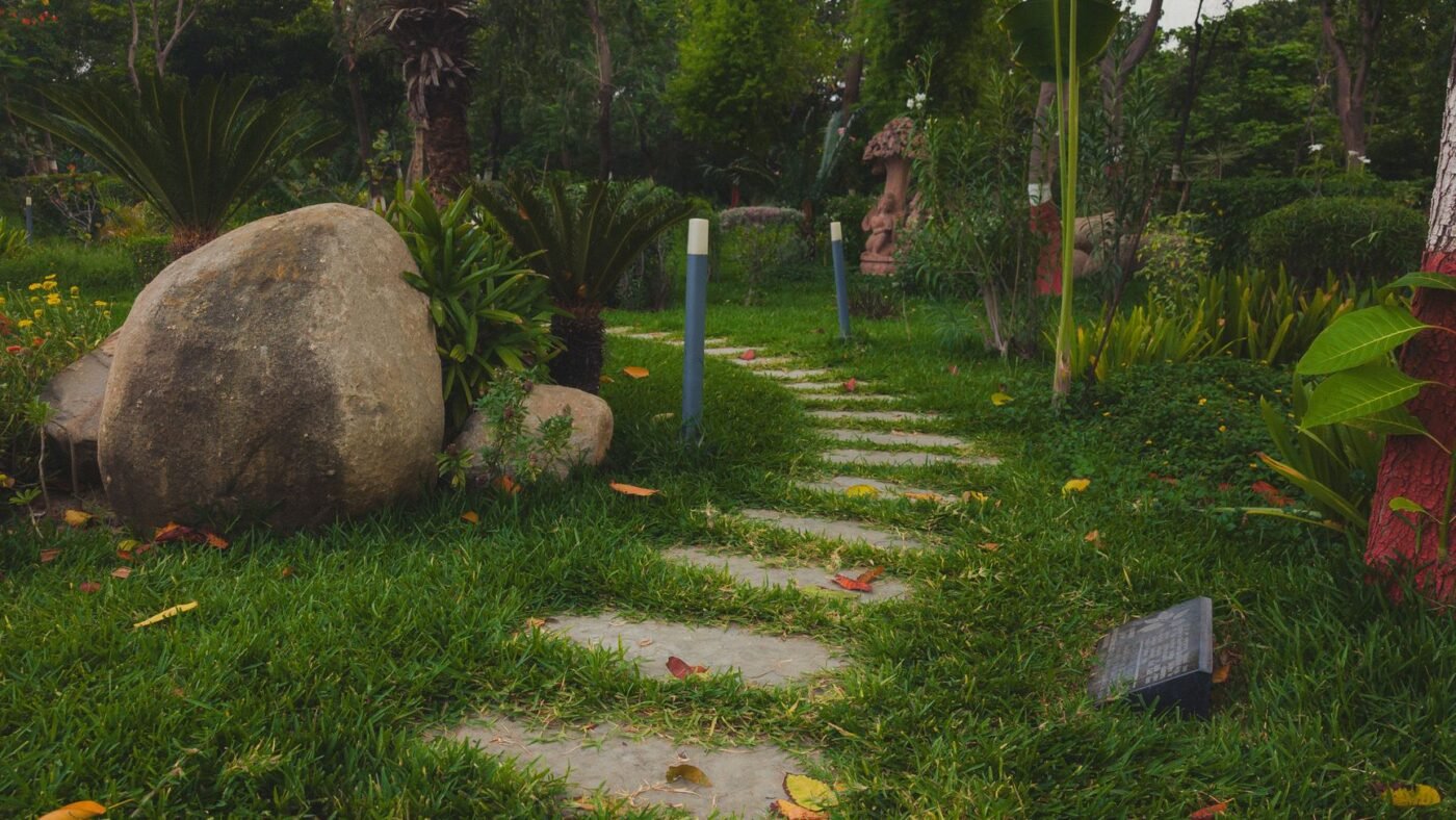 Stepping stones laid flush in a green lawn leading through a garden