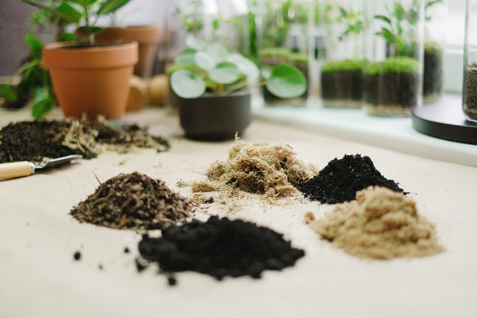 Small piles of different soils and growing media side by side, showing how soil texture varies before you lay pavers on dirt