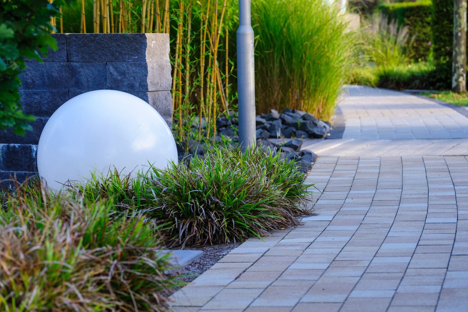 Gray concrete paver walkway in a running bond pattern curving past ornamental grasses