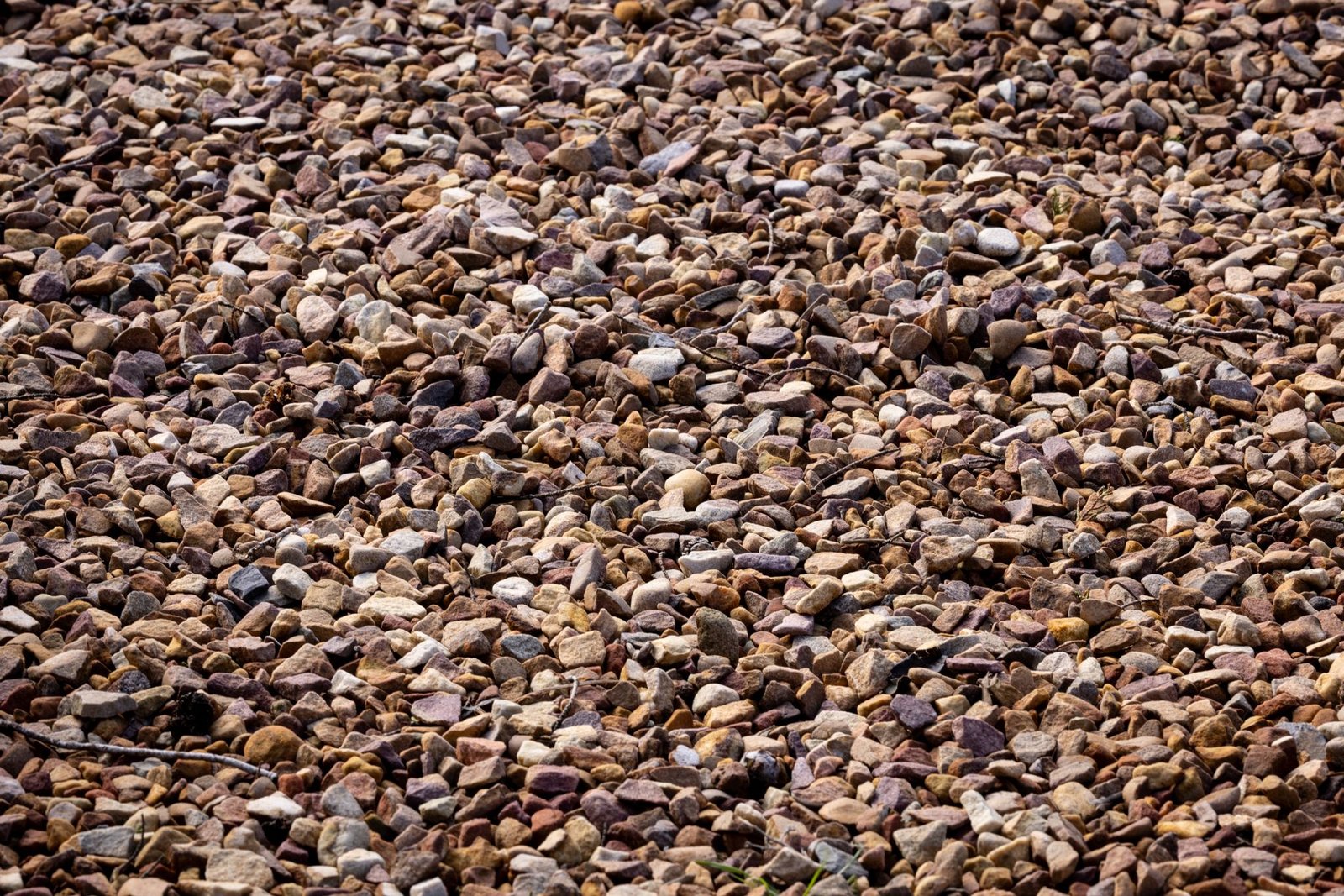 Close-up of mixed brown and tan crushed gravel, the kind of angular stone that stays firmer underfoot in a walkway