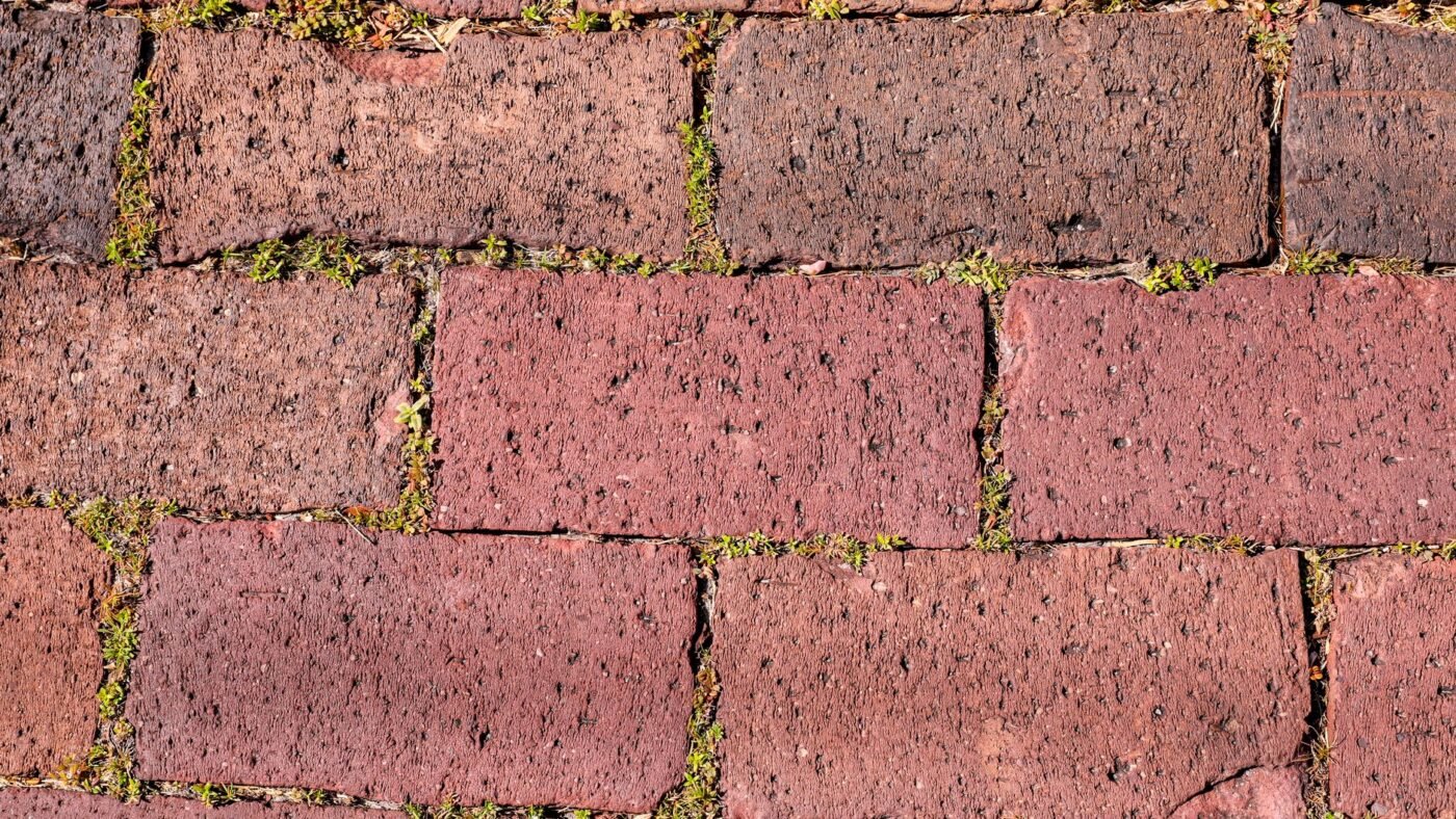 Red clay brick pavers with sanded joints, the kind of paver surface where polymeric sand haze shows as a pale film