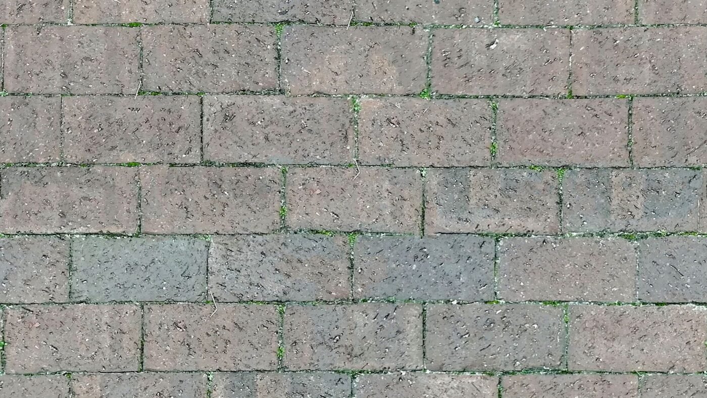 Faded, weathered concrete pavers in running bond with moss in the joints, a typical candidate for staining concrete pavers